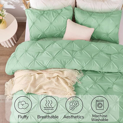 BEDELITE Sage Green Queen Comforter Set - 3 Pieces Boho Pintuck Bedding Comforter Sets, Lightweight Soft & Warm Bed Comforter Queen with 2 Pillowcases for All Season