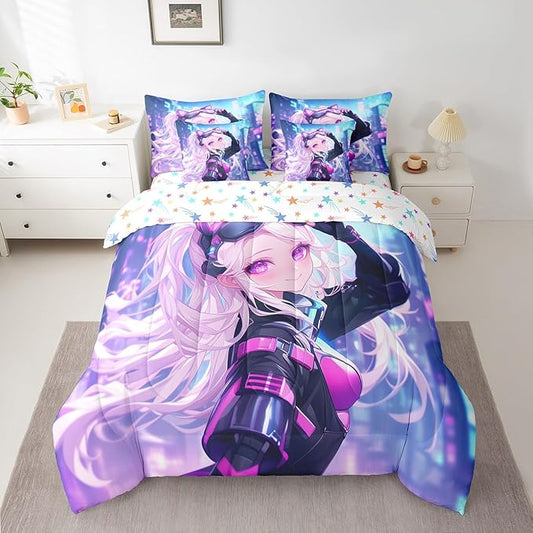 7 Piece Girls Japanese Anime Bedding Set Queen, Kawaii Anime Girl Comforter Sets Cartoon Girl Bed In A Bag For Kids Teens Adult Women, Japanese Animation Sci Fi Style Sheet Sets With Comforter