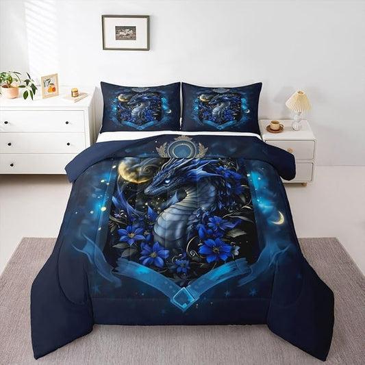 Feelyou Dragon Bedding Set Soft for Boys Girls, Wild Life Comforter Set King Size Jungle Dragon Duvet Quilt Microfiber Wild Animal Bedroom Decor Dull Blue 3 Pcs with 2 Pillow Cases