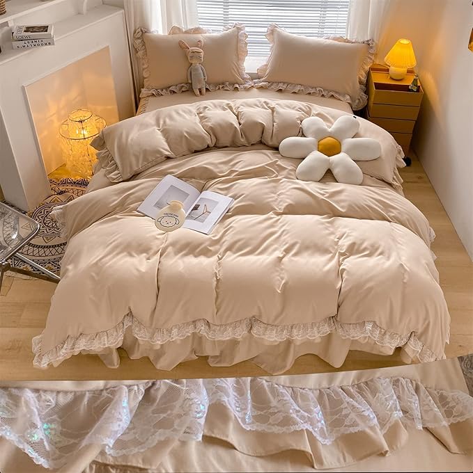MOOWOO Chic Ruffle Lace Polyester Duvet Cover Set -Girl Champagne Bedding-3 Piece Full Duvet Cover with Zipper Closure -Ultra Soft and Light Weight (Champagne, Full)