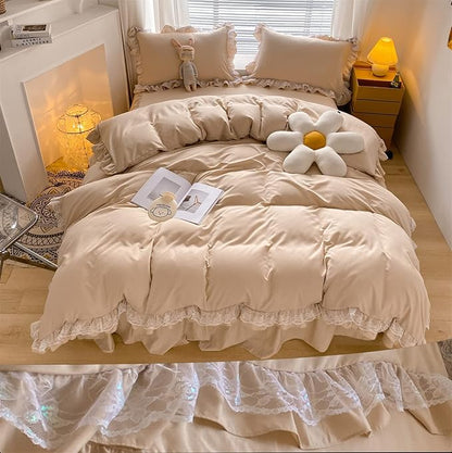 MOOWOO Chic Ruffle Lace Polyester Duvet Cover Set -Girl Champagne Bedding-3 Piece Full Duvet Cover with Zipper Closure -Ultra Soft and Light Weight (Champagne, Full)