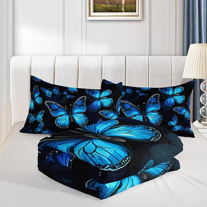 Dream Blue Butterfly Comforter Set Queen Size,Boho Bedding Comforter Sets for Kids Boys Girls Bedroom Decor Aesthetic,Animal Themed Bedding Soft Fluffy Comforter Sets with 2 Pillowcases.