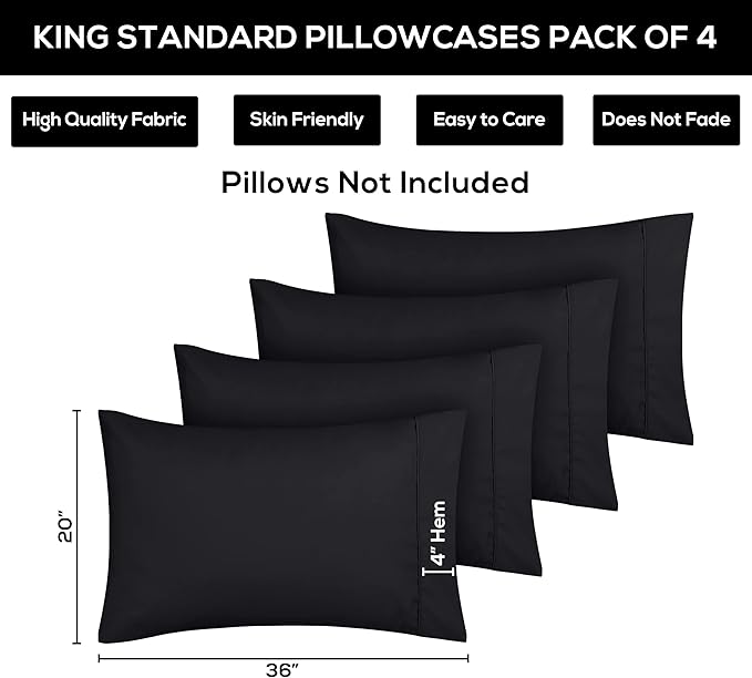 Utopia Bedding King King Pillow Cases - 4 Pack - Envelope Closure - Soft Brushed Microfiber Fabric - Shrinkage and Fade Resistant Pillow Covers 20 X 36 Inches (King Std, Black)