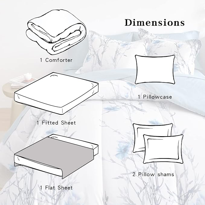 6 Piece Bed in a Bag Twin Comforter Set with Sheets, Blue Flower Branch on White Botanical Bedding Sets for Kids (1 Comforter, 2 Pillow Shams, 1 Flat Sheet, 1 Fitted Sheet, 1 Pillowcases)