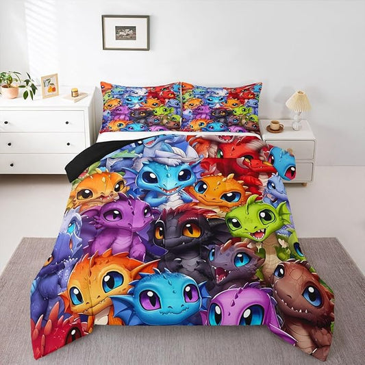 Feelyou Dragon Comforter Set All Season Dragon Stuff Bedding Set with 1 Pillow Cases Wild Life Kids Toddler Bedclothes Magic Wildlife Bedroom Decor Colorful Duvet Quilt Breathable Soft Lightweight