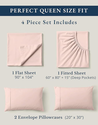 LANE LINEN Eco Friendly 100% Organic Cotton Sheets Queen Size, Mercerized Cotton Fully Elasticized Reinforced Seams Low Pill Fade Resistant Hotel Luxury Bed Sheets Set- Dusty Rose