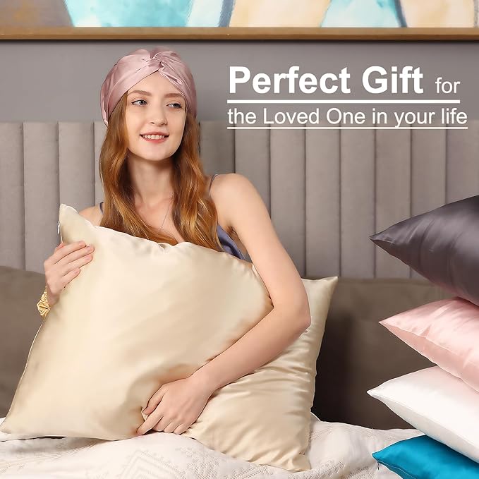 Ravmix Silk Pillow Cases 2 Pack with Zipper, 21momme Mulberry Silk Pillowcase for Hair Skin, Soft Smooth Breathable Cool Pillow Cover for Beauty Sleep with Gift Box(Standard 20"x26", Cream Beige)