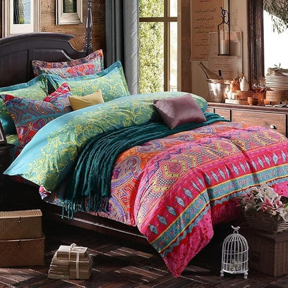 Boho Queen Comforter Set Soft Chic 3 Pieces Bedding Queen Comforter Set Lightweight Exotic Red Teal Bohemian Mandala Colorful Vintage Comforter Bed Set for All Seasons (Queen, Boho)