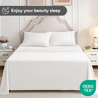 Queen Sheet Set, 4 Pieces Hotel Luxury Soft Microfiber Queen Bed Sheets Set, Up to 16" Deep Pockets, Oeko-Tex Sheets with Elastic, Breathable, Wrinkle Free(White,Queen)