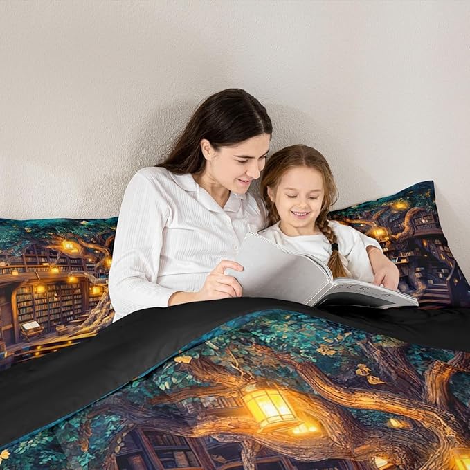 Mysterious Bookshelf Twin Size Comforter Set,Trees and Books Duvet Set Soft Bed Collection,Fantasy Fairy Tale Style Bedding Comforter for Boys Girls Bedroom,2 Pcs