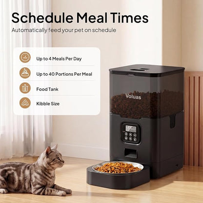 VOLUAS Automatic Cat Feeder, 6L Timed Dry Food Dispenser for Cats & Dogs | Programmable Portion Control, Up to 4 Meals Daily, Dual Power Supply, Power-Off Memory, 10-Second Voice Recorder