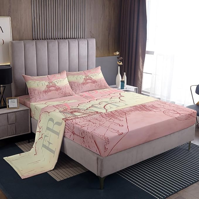Eiffel Tower Bed Sheets Set Retro Paris Style Fitted Sheet Vintage Cityscape Bedding Set for Bedroom Decor Girls Women Landmark Sheet (Twin Flat Sheet & Fitted Sheet with 1 Pillow Case)