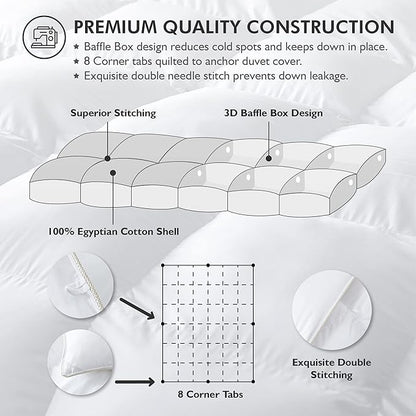 Luxurious Full Size Goose Down Fiber Waterfowl Feather Fiber Comforter Duvet, 100% Egyptian Cotton Cover, 45 oz. Fill Weight, Baffle Box Design, White Solid