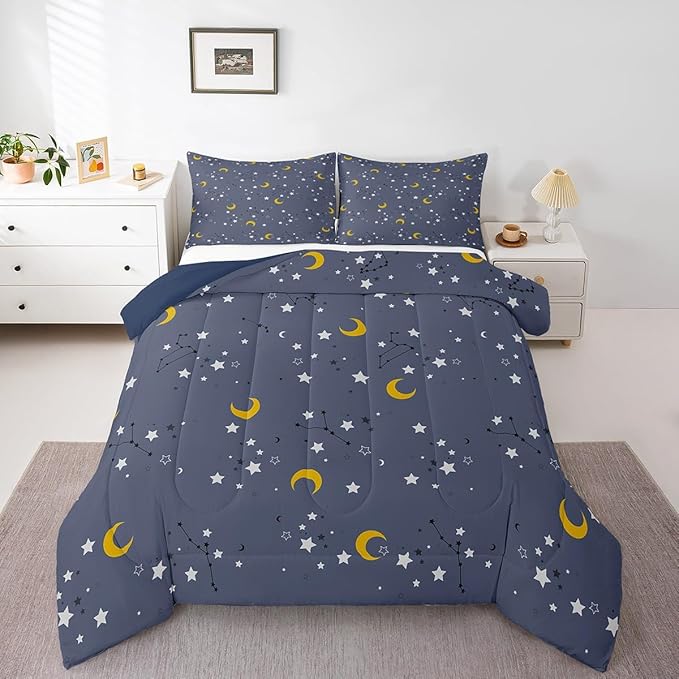 Erosebridal Moon & Stars Bedding Boys Girls 3Pcs Galaxy Comforter Set for Kids Toddler Teen, Dreamy Moon Stars Bedding Sets Constellation Space Illustration Duvet Set with 2 Pillowcases, King