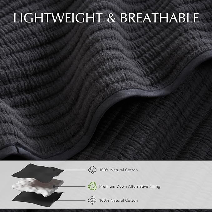 EVERGRACEHOME Cotton Coverlet Set King Size 3 Pieces, Lightweight Soft Ribbed Matelassé Bedspread Quilt Set, Cozy Oversized Quilted Bedding Set with 2 Pillow Shams for All Seasons, Washed Black