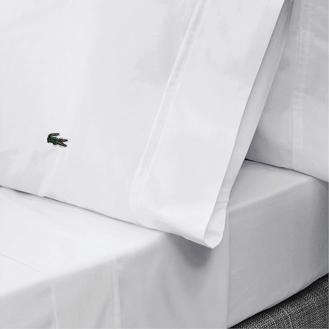 Lacoste 100% Cotton Percale 4-Piece Sheet Set – Cool, Crisp, Matte, and Durable, Oeko-Tex Certified – Solid, White, Standard King