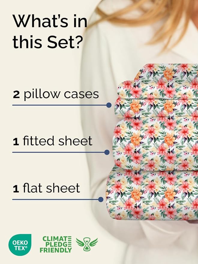 Floral Sheets - Flower Print Bed Sheet Set - 1 Flat, 1 Fitted & 2 Pillowcases w/ Deep Pockets - Comfy, Wrinkle & Fade Free - Boho Botanical Bedding - Soft, Breathable and Cooling - Cal King Size Set