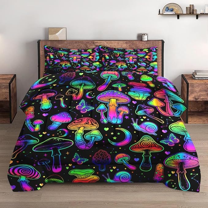 Twin Size Comforter Set with Pillowcase, Summer Halloween Mushroom Neon Soft 2 Pcs Bedding for Kids and Adults Bedroom Bed Decor