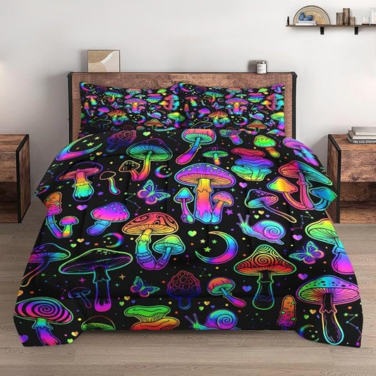King Size Comforter Set with 2 Pillowcases, Summer Halloween Mushroom Neon Soft 3 Pcs Bedding for Kids and Adults Bedroom Bed Decor
