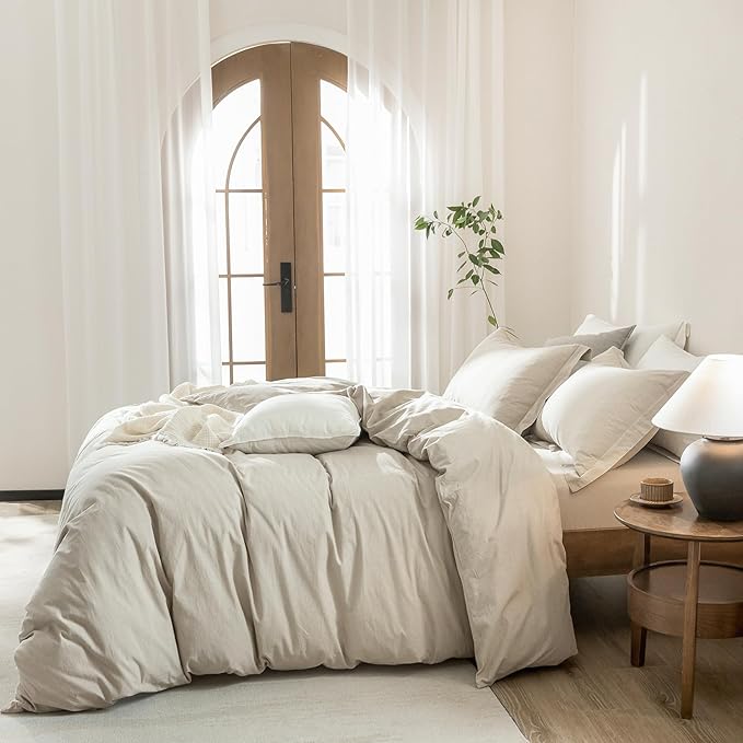 Linen Grey Duvet Cover Queen Size 90inch x 90inch,100% Washed Cotton Duvet Cover with Zipper Closure and 2 Pillowcases, Color of New Nature Linen