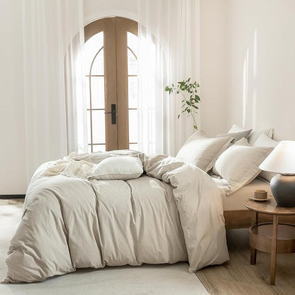 Linen Grey Duvet Cover Queen Size 90inch x 90inch,100% Washed Cotton Duvet Cover with Zipper Closure and 2 Pillowcases, Color of New Nature Linen