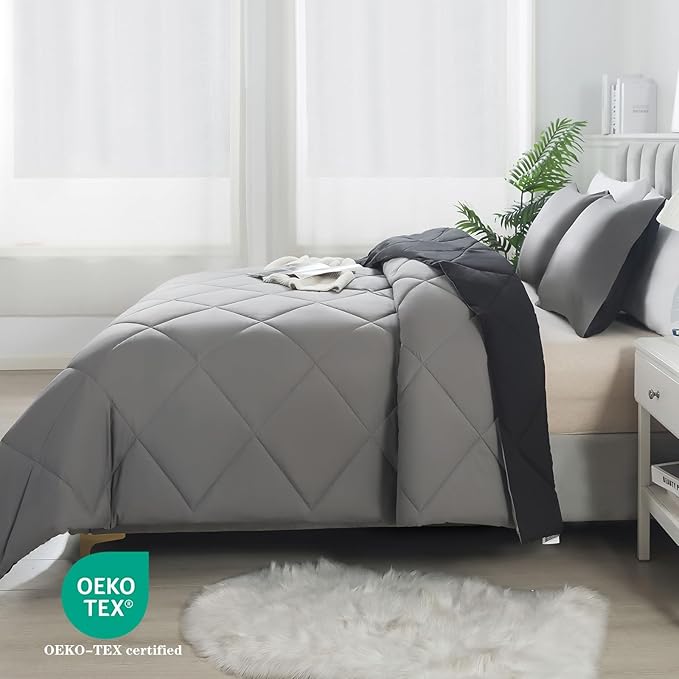 3-Piece Queen Comforter Set,All-Season,Soft & Hypoallergenic &Breathable Bedding,Polyester Quilted,Down Alternative(Comforter*1 & Pillowcases*2),Black/Dark Gray