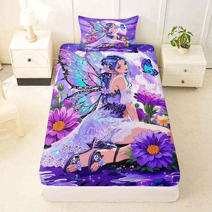 Erosebridal Fairy Girl Fitted Sheet Twin Flower Fairytale Bed Sheets for Boys Girls Blue Butterfly Floral Decor Bed Set Purple Galaxy Moon Sheets with 1 Pillowcase