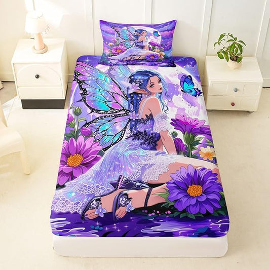 Erosebridal Fairy Girl Fitted Sheet Twin Flower Fairytale Bed Sheets for Boys Girls Blue Butterfly Floral Decor Bed Set Purple Galaxy Moon Sheets with 1 Pillowcase