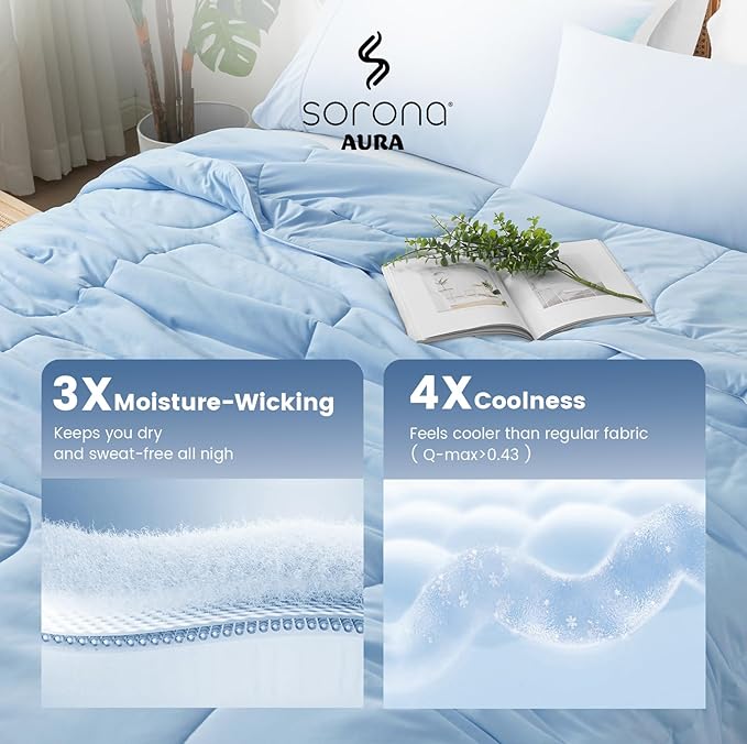 Amélie Home Cooling Comforter Queen Size, Dual-Sided Lightweight Cooling Blanket for Hot Sleepers, Q-Max 0.43 Breathable Cooling Quilt for Night Sweats, 90" x 90", Heather Ice Blue