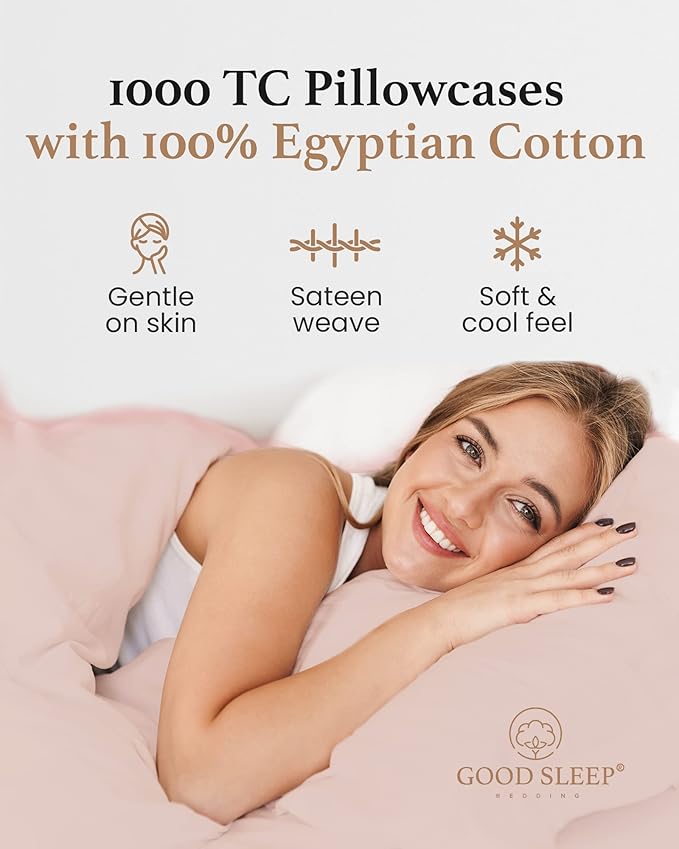 1000 TC Blush King Pillowcases Set of 2 100% Egyptian Cotton Pillow Cases with Long Staple Cotton & Sateen Weave, Silky Soft Hotel - Like Bed Pillow Covers for Comfy Sleeping, Snug Fit