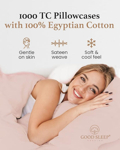 1000 TC Blush Standard Pillowcases Set of 2 100% Egyptian Cotton Pillow Cases with Long Staple Cotton & Sateen Weave, Silky Soft Hotel - Like Bed Pillow Covers for Comfy Sleeping, Snug Fit