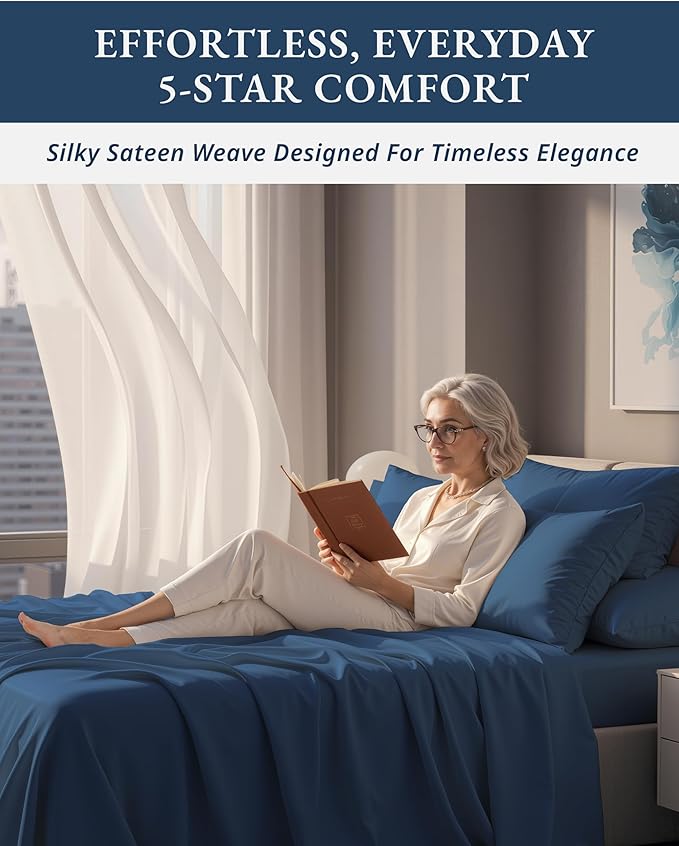 100% Egyptian Cotton Bed Sheets - 4 Piece Autthentic Cotton Queen Sheet Set, Breathable Winter Comfort, No Pilling, Ultra-Soft Hotel Luxury Comfort with 15" Deep Pocket Queen Sheets - Estate Blue