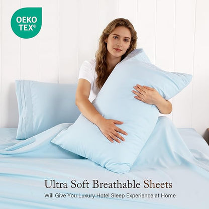 ROSE&RISY King Size Sheet Set, Pre-Washed Microfiber Cotton-Like 4 Pcs Ultra Soft Bedding Set King, Breathable Cooling Skin-Friendly All Seasons, 1 Fitted, 1 Flat, 2 Pillowcases (Baby Blue, King)