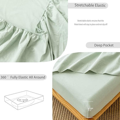 MooMee Fitted Bottom Sheet Only 100% Washed Cotton Linen Like Textured Breathable Durable Soft Comfy Deep Pocket Fits Mattress up to 17" (Sage Green, Queen)