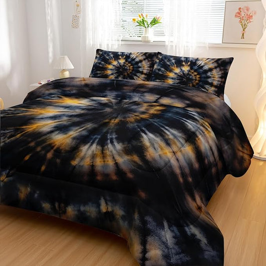Dark Tie Dye Comforter Sets King Size,Yellow Fission Graffiti Bedding Set for Your Room,Abstract Soft Lightweight Quilted Set All Season 1 Comforter and 2 Pillowcases