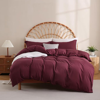 JSD Burgundy Duvet Cover Set King Size, 3 Piece Duvet Cover with Pillow Shams, Soft Brushed Microfiber Zipper Closure, Comforter Not Included