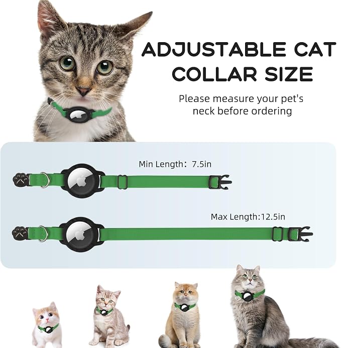 AirTag Cat Collars, Stretchy Collar with AirTag Holder and Bell | Breakaway - Ultra Design Elastic - GPS Tracking Collars - Adjustable Size for Cats & Puppies 7.5-12.5" - (Emerald Green)