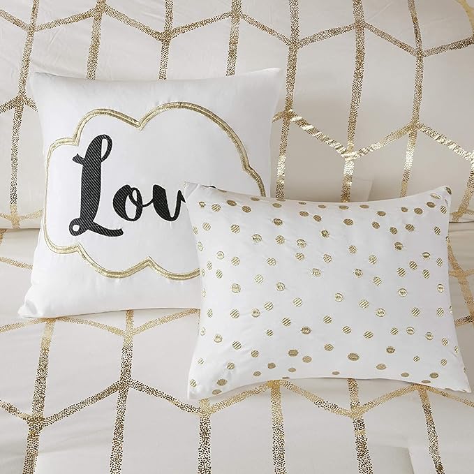 Intelligent Design Raina Full/Queen Comforter Set, Soft Microfiber, Modern Geometric Metallic Bed Set, 5 Pieces College Bedding with 2 Shams, 2 Toss Pillows Ivory/Gold