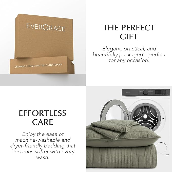 EVERGRACEHOME 100% Cotton Modern Lines Quilt Set Queen Size, Pre-Washed Soft Striped Coverlet Bedspread, 3 Piece Lightweight Bedding Set for All Season, with 2 Pillow Shams, Olive Green