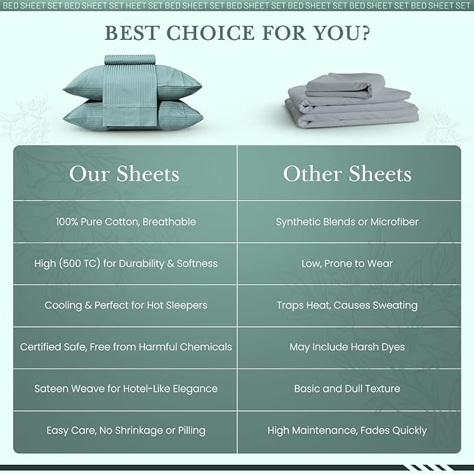 Feather & Stitch 500 TC Split King Size Damask Bed Sheet Set, 100% Cotton Soft Breathable Bedsheets, 5 Piece 18" Deep Pockets Sateen Weave Striped Bedding - (Granite Green Stripe)