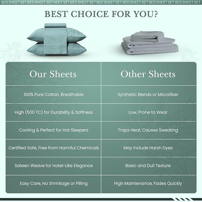 Feather & Stitch 500 TC Queen Size Bed Sheet Set, 100% Cotton Soft Breathable Bedsheets 4 Piece 18" Deep Pockets Sateen Weave Striped Bedding Mattress Resort Hotel Luxury - (Granite Green Stripe)