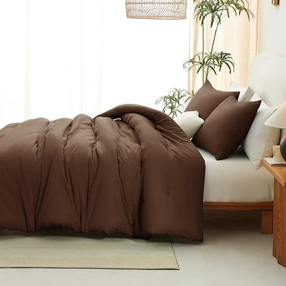 CozyLux Full Size Comforter Set Brown, 3 Pieces Solid Breathable Quilted Bedding Sets, Luxury Lightweight Soft Bed Set with Down Alternative Comforter and 2 Pillowcases for All Seasons
