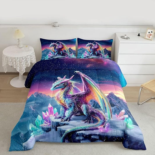 Feelyou Dragon Kids Comforter Set Full Size Dragon Stuff Bedding Set Wild Life Duvet Quilt for Kids Boys Girls Bedroom Magic Wildlife Decor Purple Bluish Microfiber Ultra Soft Breathable