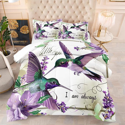 Hummingbird Comforter Set Full Size Purple Floral Bird Bedding Set Tropical Birds Bed Set Modern Aesthetic Bedding Teen Girls Boys Soft Down Alternative Comforter Sets for All Season