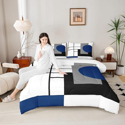 Erosebridal White Black Blue Striped Toddler Comforter Boho Modern Geometric Abstract Bedding Set Stripes Lines Duvet Insert Minimalist Square and Circle Bed Sets