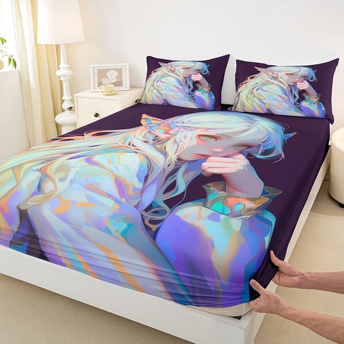 Anime Girl Bed Sheets 3D Japanese Bedding Set Kawaii Girly Fitted Sheet with Deep Pocket, Anime Lovers Gifts Fitted Bed Sheets Soft Lightweight Sheets for All Season, Twin 2Pcs
