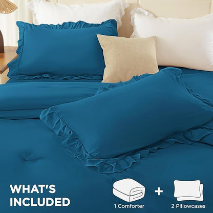 Andency Teal Full Size Comforter Set (79x90Inch), 3 Pieces Fluffy Farmhouse Shabby Chic Ruffle Bedding Sets, All Season Soft Lightweight Bed Set