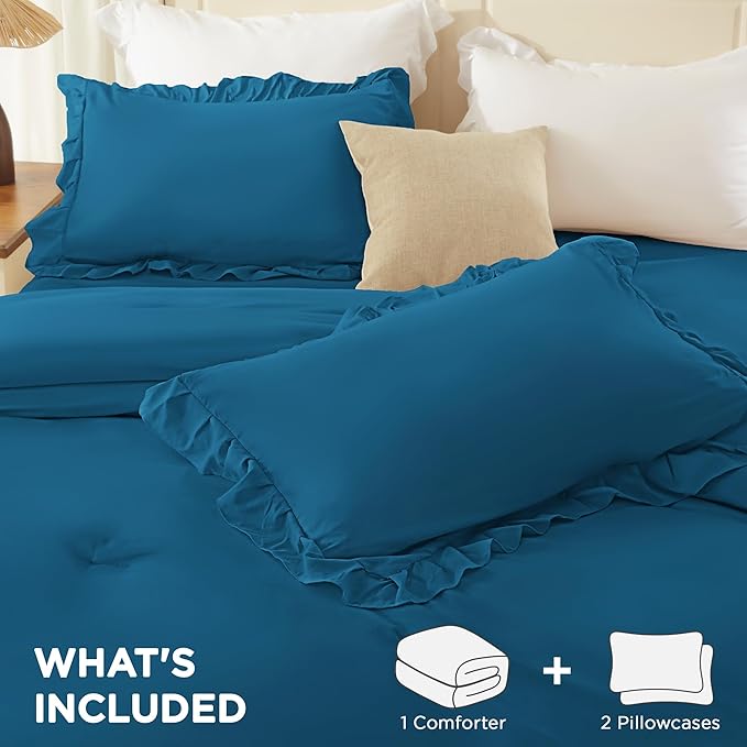 Andency Teal Queen Comforter Set (90x90Inch), 3 Pieces Lightweight Fluffy Ruffle Bedding Sets for Queen Bed, Farmhouse Shabby Chic Soft All Season Bed Set