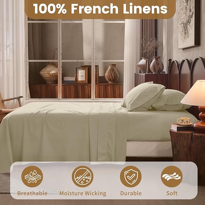 100% Linen Sheets Queen Size,Breathable & Durable 4-Piece Bed Flax Sheet Set,Soft All-Season Bedding for Hot Sleepers 16" Deep Pocket Oeko-TEX Certified,（Queen, Brown Taupe）