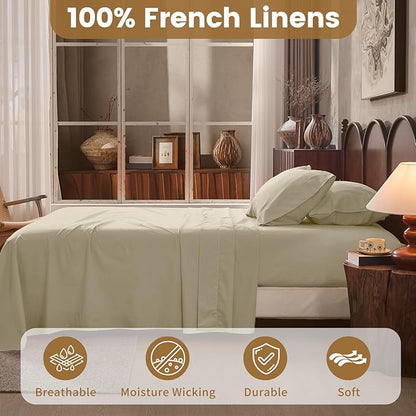 100% Linen Sheets Queen Size,Breathable & Durable 4-Piece Bed Flax Sheet Set,Soft All-Season Bedding for Hot Sleepers 16" Deep Pocket Oeko-TEX Certified,（Queen, Brown Taupe）